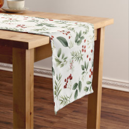 Elegante Waterverf Wintergroen & Rode Besjes Korte Tafelloper