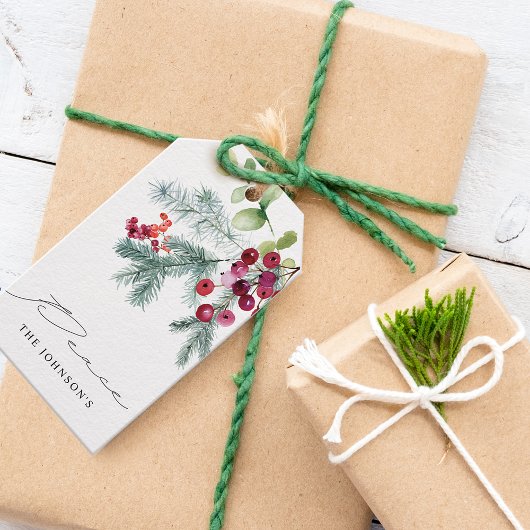 Elegante waterverf wintergroen rode bessen cadeaulabel