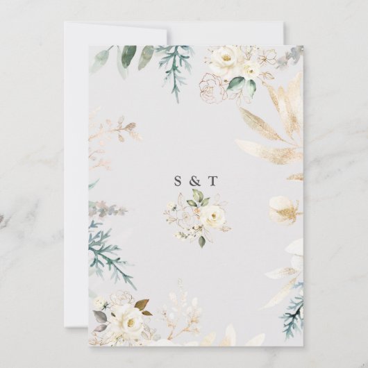 Elegante waterverf witte bloem gouden bruiloft kaart (Achterkant)