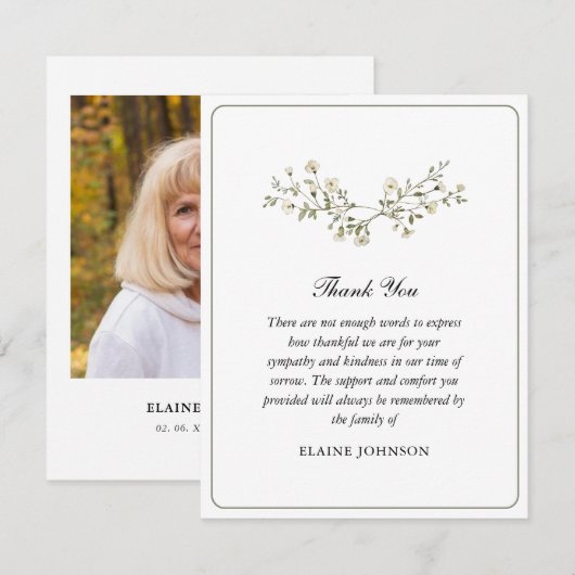 Elegante waterverf Witte Bloemen Begrafenisfoto Bedankkaart (Voorkant / Achterkant)
