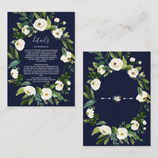 Elegante Waterverf Witte Bloemen Donkerblauw Detai Informatiekaartje (Voorkant / Achterkant)