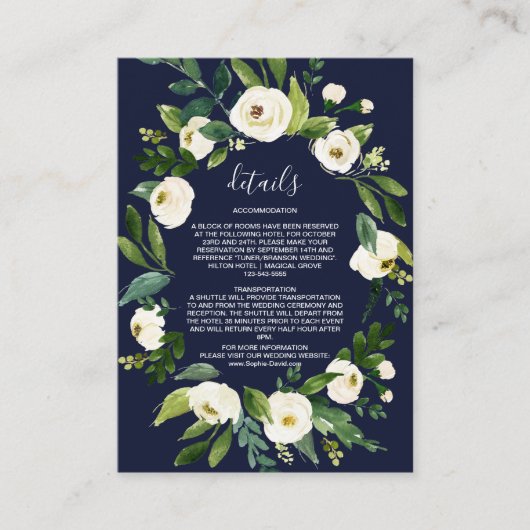 Elegante Waterverf Witte Bloemen Donkerblauw Detai Informatiekaartje (Voorkant)