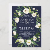 Elegante Waterverf Witte Bloemen Donkerblauwe Trou Kaart (Voorkant)