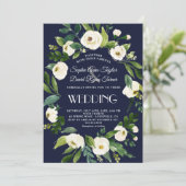 Elegante Waterverf Witte Bloemen Donkerblauwe Trou Kaart (Staand voorkant)