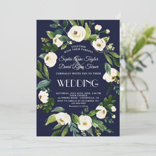 Elegante Waterverf Witte Bloemen Donkerblauwe Trou Kaart (Staand voorkant)