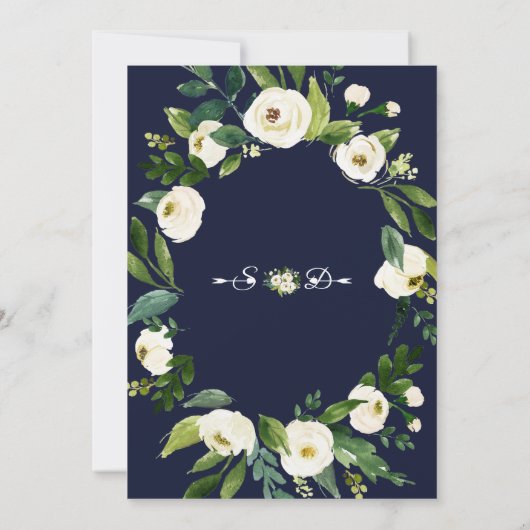Elegante Waterverf Witte Bloemen Donkerblauwe Trou Kaart (Achterkant)