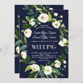Elegante Waterverf Witte Bloemen Donkerblauwe Trou Kaart