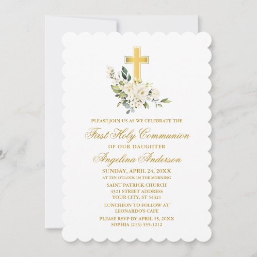 Elegante Waterverf witte bloemen gouden communie Kaart (Voorkant)