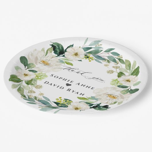 Elegante waterverf witte bloemen krans bruiloft papieren bordje (Gekanteld)