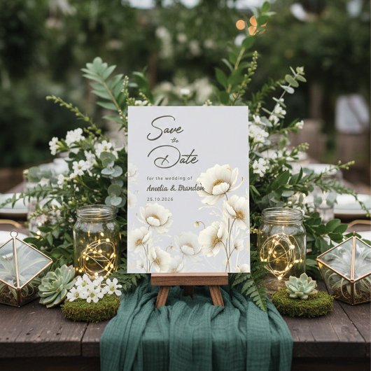 Elegante Waterverf Witte Bloemige Bruiloft Save The Date