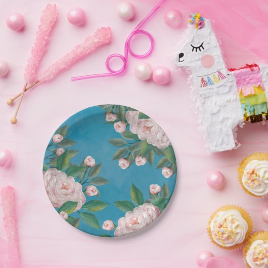 Elegante Waterverf witte bloemige pioenbloemen Papieren Bordje (Feest)