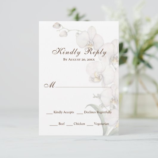 Elegante Waterverf Witte Orchideeën Bruiloft RSVP Kaartje (Staand voorkant)