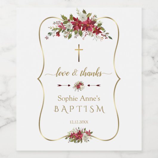 Elegante waterverf witte rode poinsettia doop wijn etiket (Enkel label)