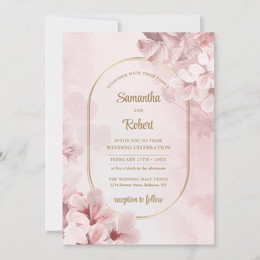 Elegante waterverf zacht roze lentebloemen goud kaart (Voorkant)