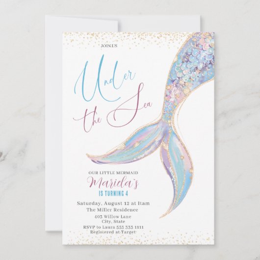 Elegante Waterverf Zeemeermin Staart Onder 4 Geboo Kaart (Voorkant)