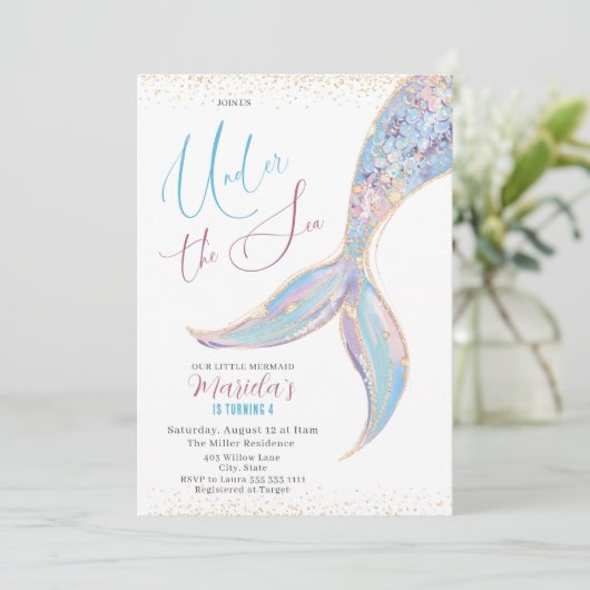 Elegante Waterverf Zeemeermin Staart Onder 4 Geboo Kaart (Staand voorkant)