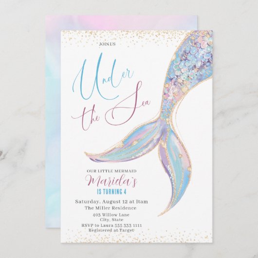 Elegante Waterverf Zeemeermin Staart Onder 4 Geboo Kaart (Voorkant / Achterkant)