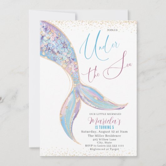 Elegante Waterverf Zeemeermin Staart Onder 5 Geboo Kaart (Voorkant)