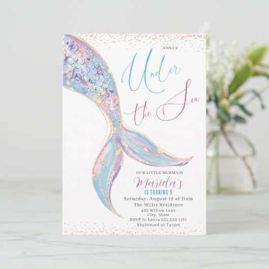 Elegante Waterverf Zeemeermin Staart Onder 5 Geboo Kaart (Staand voorkant)