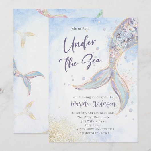 Elegante Waterverf Zeemeermin Staart Onder het Zee Kaart (Voorkant / Achterkant)
