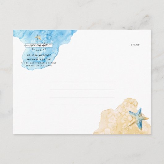 Elegante Waterverf Zeesterren Kust Bewaar onze dat Aankondigingskaart (Achterkant)