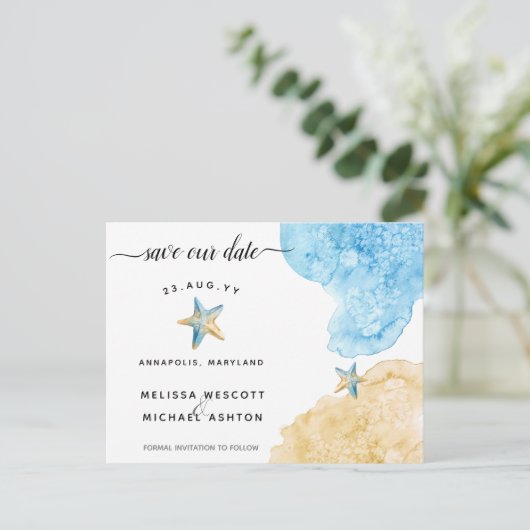 Elegante Waterverf Zeesterren Kust Bewaar onze dat Aankondigingskaart (Staand voorkant)
