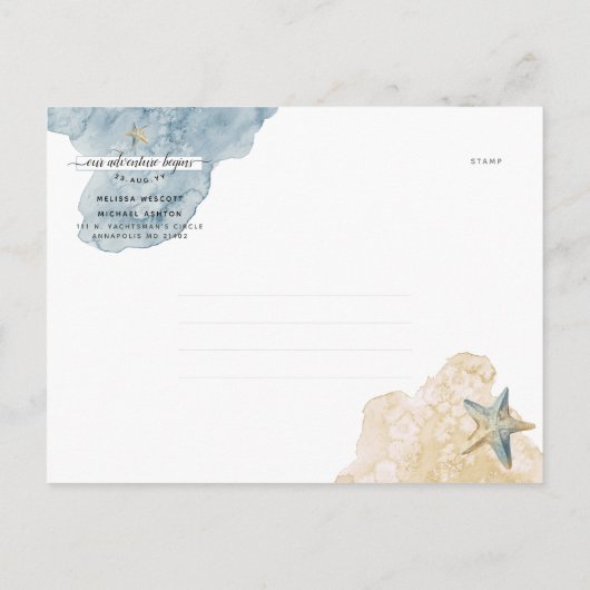 Elegante Waterverf Zeesterren Kust Save The Date Aankondigingskaart (Achterkant)