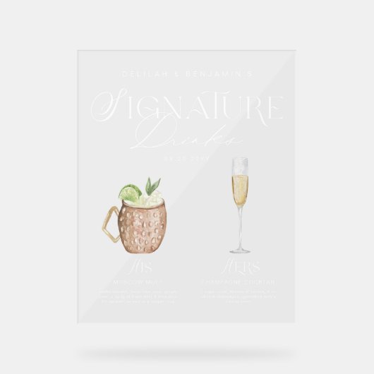 Elegante Waterverf Zijn Haar Signature Drink Bruil Acryl Bord (Voorkant)