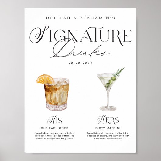 Elegante Waterverf Zijn Haar Signature Drink Bruil Poster (Voorkant)