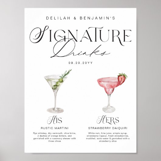 Elegante Waterverf Zijn Haar Signature Drink Bruil Poster (Voorkant)