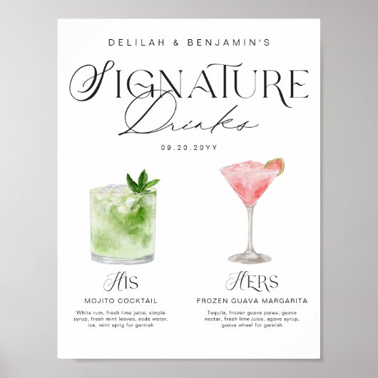 Elegante Waterverf Zijn Haar Signature Drink Bruil Poster (Voorkant)