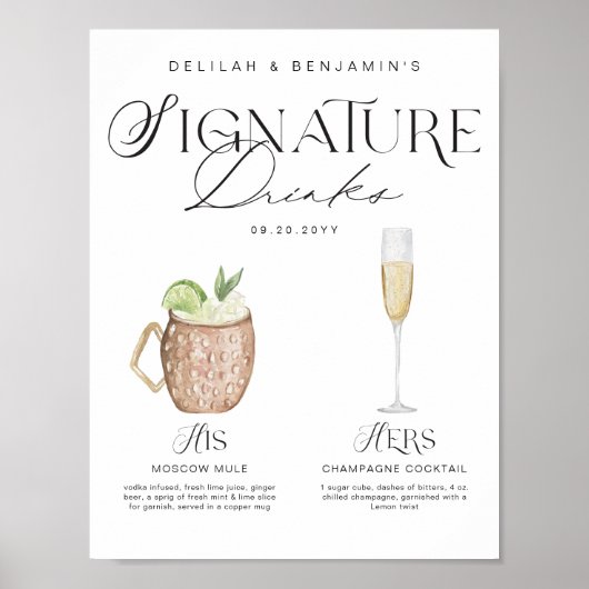 Elegante Waterverf Zijn Haar Signature Drink Bruil Poster (Voorkant)
