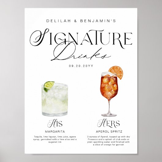 Elegante Waterverf Zijn Haar Signature Drink Bruil Poster (Voorkant)