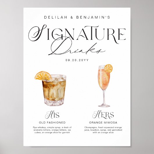 Elegante Waterverf Zijn Haar Signature Drink Bruil Poster (Voorkant)