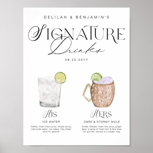 Elegante Waterverf Zijn Haar Signature Drink Bruil Poster (Voorkant)