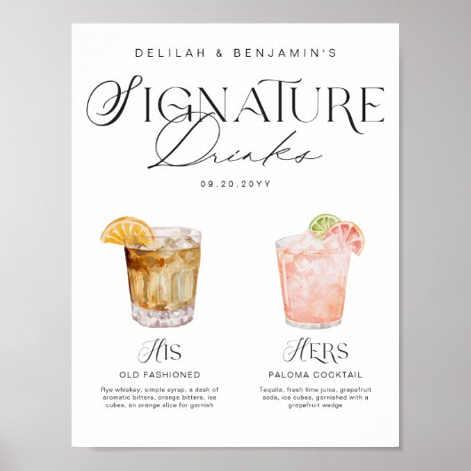 Elegante Waterverf Zijn Haar Signature Drink Bruil Poster (Voorkant)