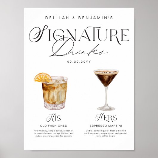 Elegante Waterverf Zijn Haar Signature Drink Bruil Poster (Voorkant)