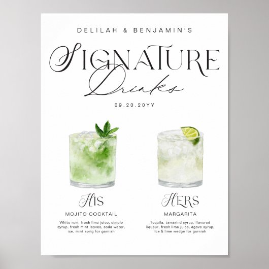 Elegante Waterverf Zijn Haar Signature Drink Bruil Poster (Voorkant)