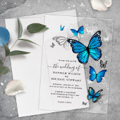 Elegante Waterverf Zilveren Blauwe Vlinder Bruilof Acryl Uitnodigingen