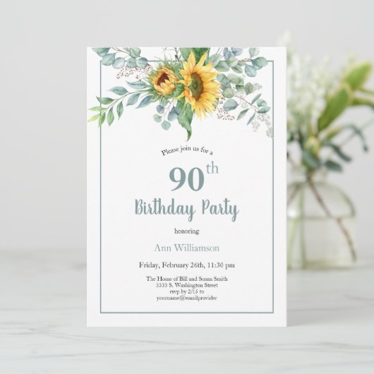 Elegante Waterverf Zonnebloem Bloemen 90ste Verjaa Kaart (Staand voorkant)