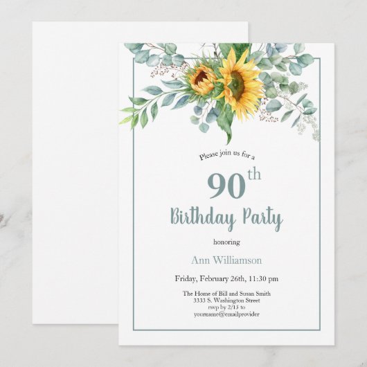 Elegante Waterverf Zonnebloem Bloemen 90ste Verjaa Kaart (Voorkant / Achterkant)