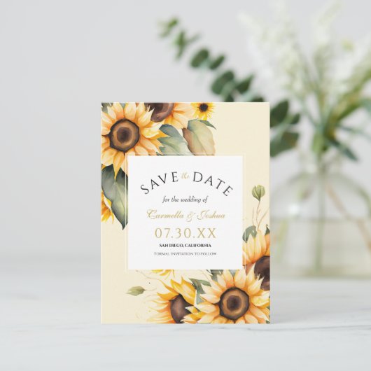 Elegante Waterverf Zonnebloem Boho Bewaar de datum Briefkaart (Staand voorkant)