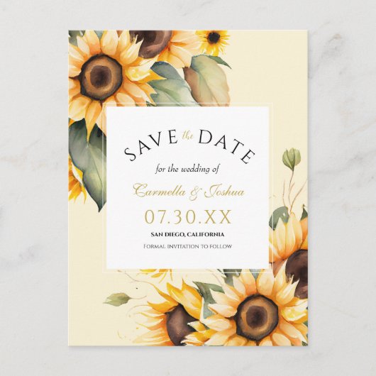 Elegante Waterverf Zonnebloem Boho Bewaar de datum Briefkaart (Voorkant)