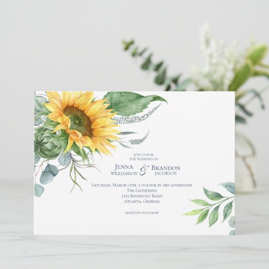 Elegante Waterverf Zonnebloem Bruiloft Kaart (Staand voorkant)