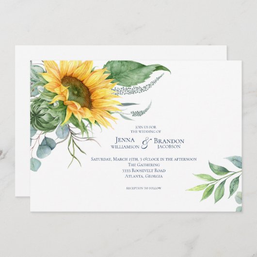 Elegante Waterverf Zonnebloem Bruiloft Kaart (Voorkant / Achterkant)