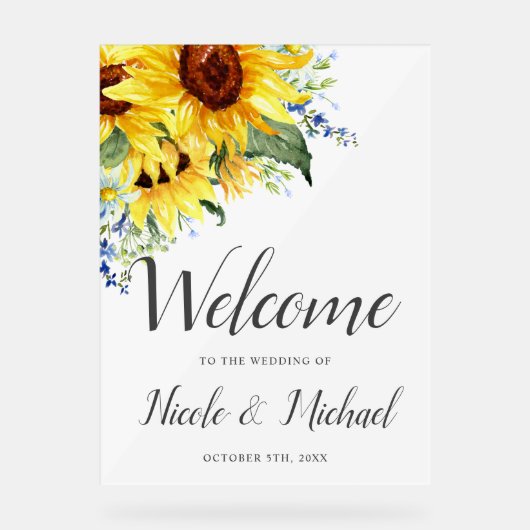 Elegante waterverf zonnebloem bruiloft welkom acryl bord (Voorkant)