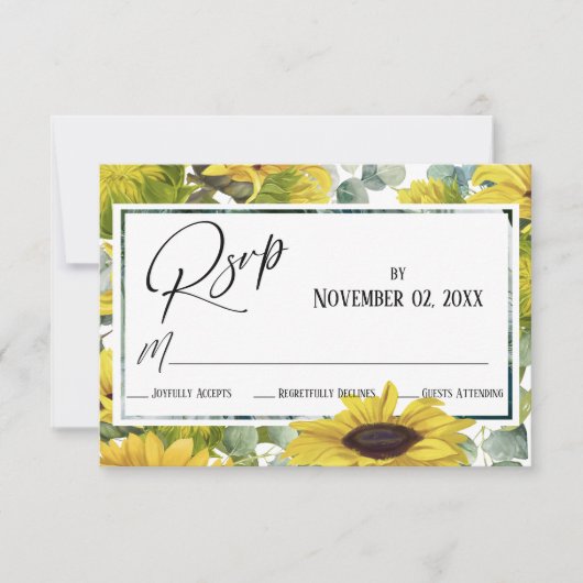 Elegante waterverf zonnebloem & eucalyptus RSVP kaartje (Voorkant)