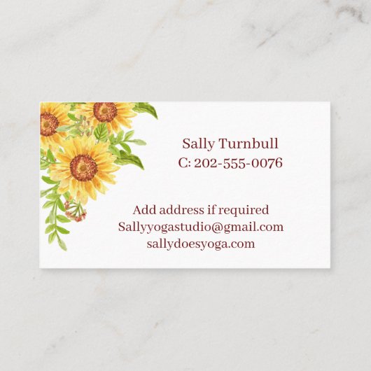 Elegante Waterverf Zonnebloem Visitekaartje (Achterkant)