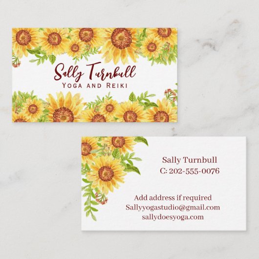 Elegante Waterverf Zonnebloem Visitekaartje (Voorkant / Achterkant)