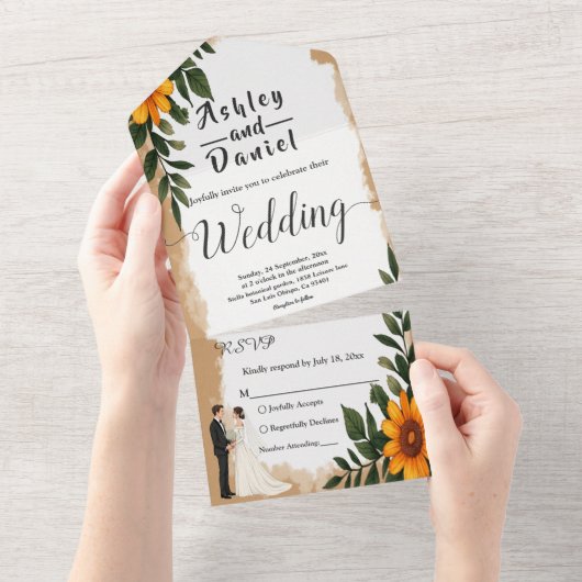 Elegante Waterverf Zonnebloem Zomer Bloemen Huweli All In One Uitnodiging (Afscheurbaar)